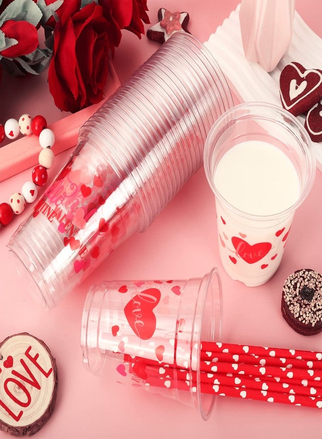 وولاين مجموعة أكواب عيد الحب من والين، 50 قطعة، سعة 12 أونصة، باللونين الوردي والأحمر، أكواب بلاستيكية شفافة للاستخدام مرة واحدة مع شفاطة على شكل قلب، مناسبة للقهوة والعصير والمشروبات الأخرى، لوازم الحفلات - Image 5